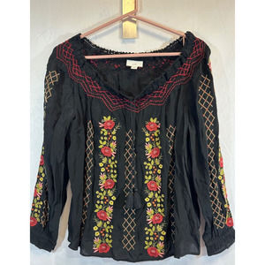 J Jill Blouse Women Petite XS Black Embroidered Boho Tasseled Blouse Black C10